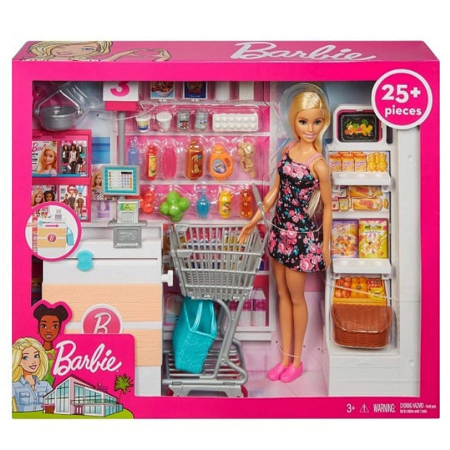 Barbie en el supermercado con carrito, caja registradora y alimentos, ideal para juegos de rol y diversión educativa