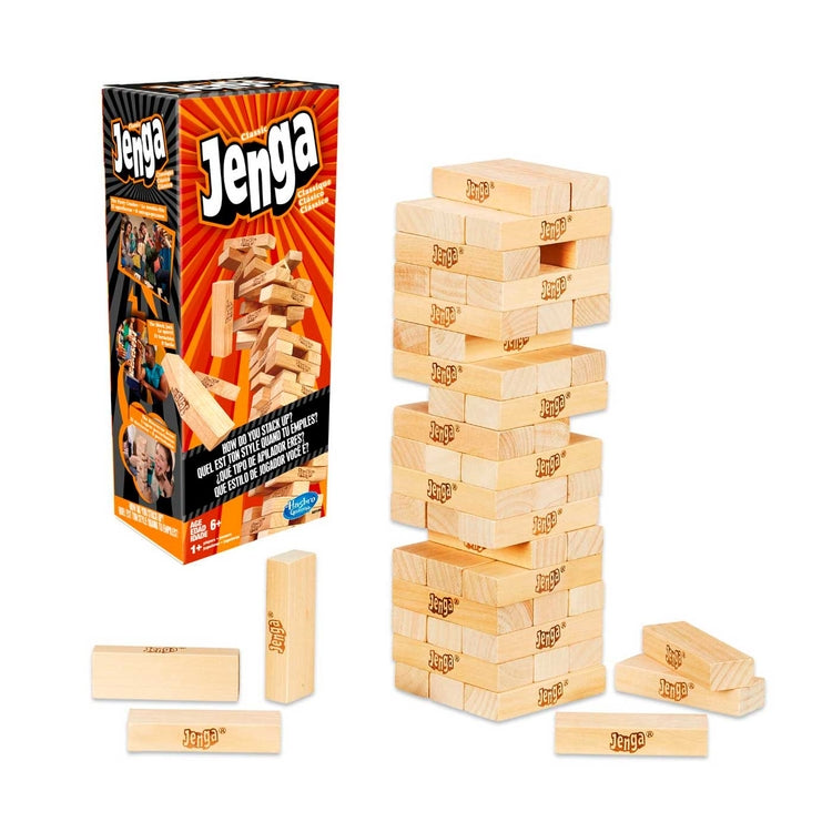 Jenga Clásico, juego de mesa de bloques de madera, ideal para todas las edades, fomenta la destreza y la diversión.