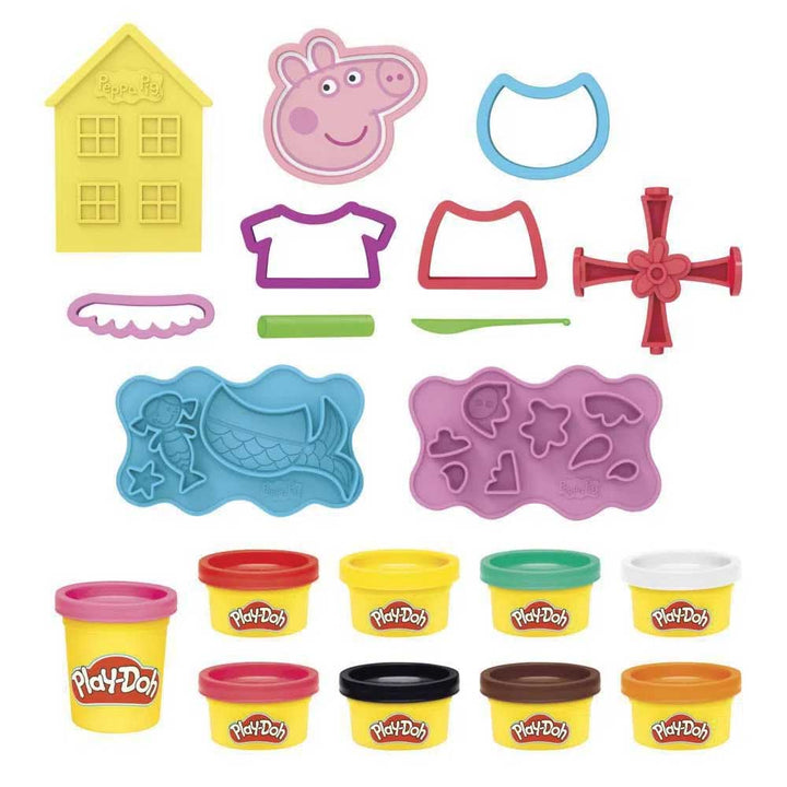 Set de Peppa Pig Play-Doh con 9 botes y 11 herramientas, ideal para manualidades y juegos creativos para niños.