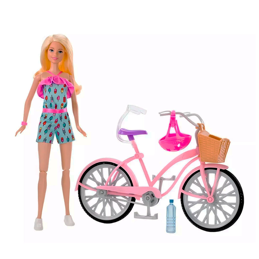 muñeca barbie con su bicicleta y accesorios