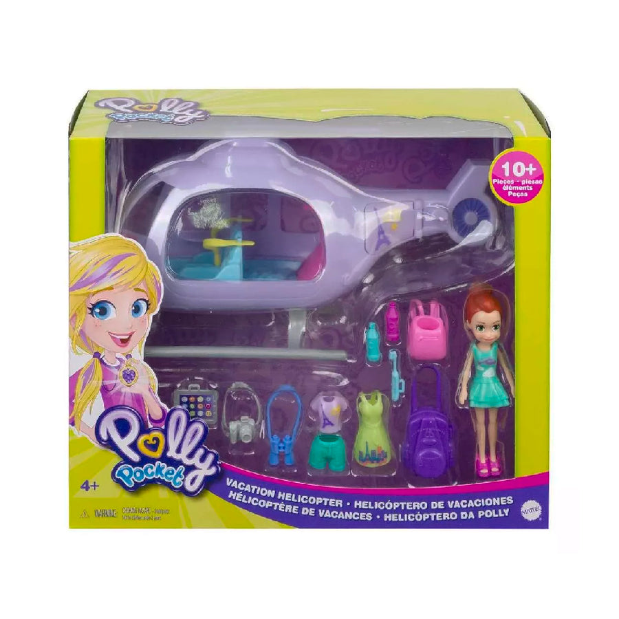 super helicoptero de vacaciones polly pocket,  set de vehiculo con accesorios que las pequeñas amaran